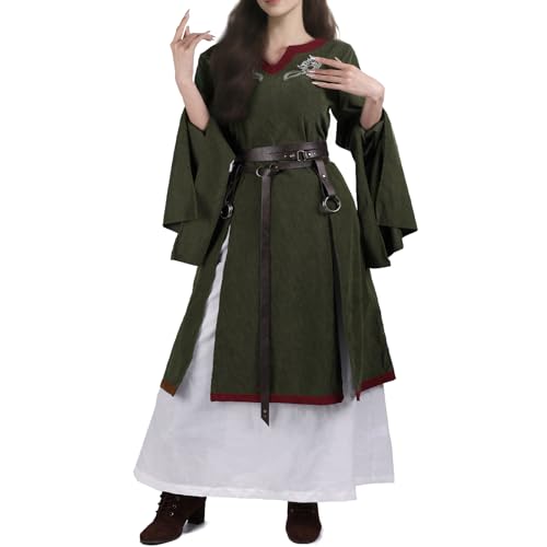 HiiFeuer 4-teiliges Renaissance Kostüm für Damen,Mittelalterkleid mit Stickerei,Wickelrock & Gürtel,Hexenkostüm für LARP & Cosplay (Grün M) von HiiFeuer