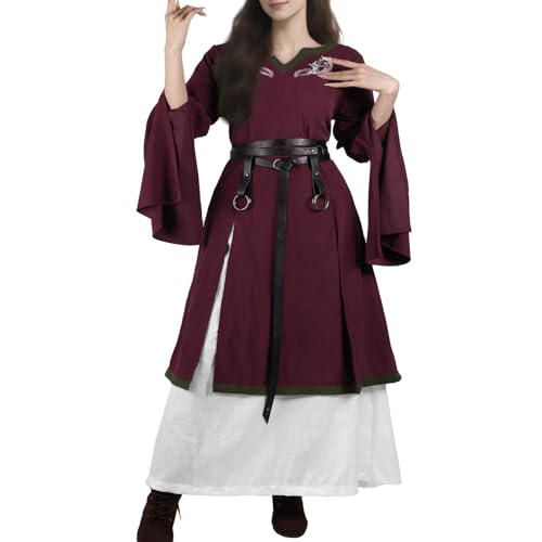 HiiFeuer 4-teiliges Renaissance Kostüm für Damen,Mittelalterkleid mit Stickerei,Wickelrock & Gürtel,Hexenkostüm für LARP & Cosplay (Rot M) von HiiFeuer