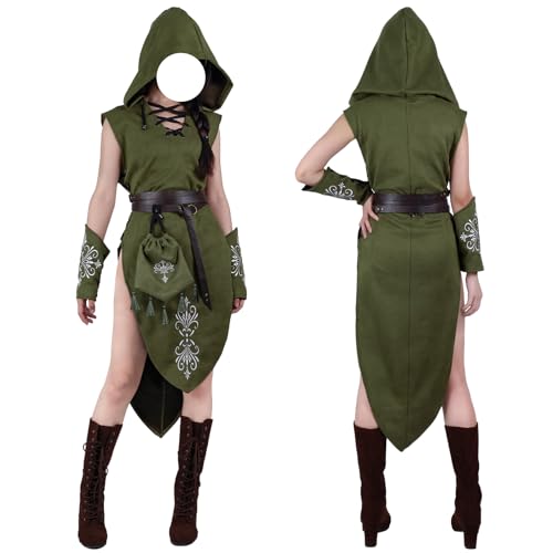 HiiFeuer 5PCs Frauen Renaissance Wildleder ärmellos Elf Kostüm, mittelalterliche Kapuzenkleid mit Armschienen Drawstring Tasche Fantasy Gürtel(Grün A) von HiiFeuer