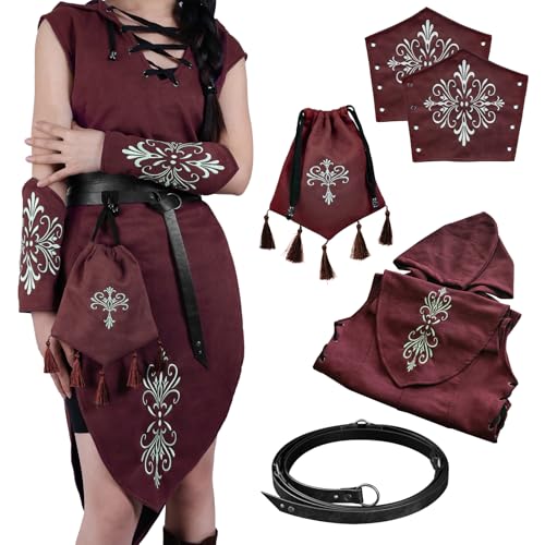 HiiFeuer 5PCs Frauen Renaissance Wildleder ärmellose Elf Kostüm, mittelalterliche Kapuzenkleid mit Armschienen Drawstring Tasche Fantasy Gürtel (Rot A) von HiiFeuer