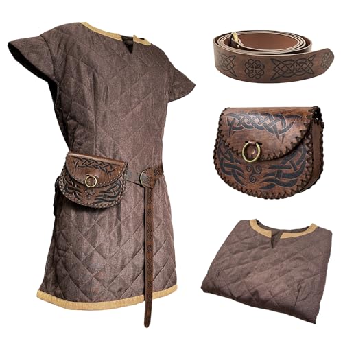 HiiFeuer Mittelalter Kostüm Tunic, mit Vintage-Gürtel und Tasche, Söldner Ritter Kleidung Rüstung, Renaissance LARP Cosplay Set für LARP Ren Faire und Halloween (Braun S) von HiiFeuer