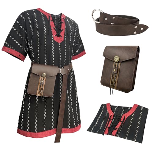 HiiFeuer Mittelalterlich gestreiftes, lockeres Tunika-Top, Mit Vintage-Gürtel und Tasche, Renaissance-Ritter-Schnürhemd, Wikinger-Piraten-Kostüm (Schwarz XXL) von HiiFeuer