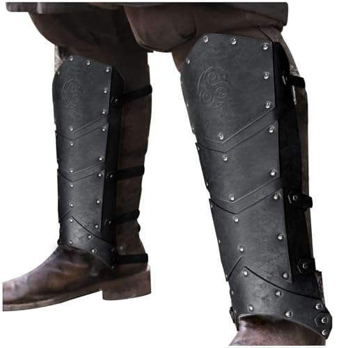 HiiFeuer Mittelalterliche Beinschienen aus Kunstleder, Mittelalterliche Ritterbeinrüstung, Söldnerbeinschützer für LARP Kostüm (Schwarz A) von HiiFeuer