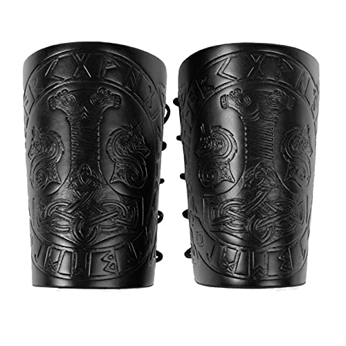 HiiFeuer Viking Armschiene Geprägte Fenrir Mjolnir Kunstleder Armrüstung, Mittelalterliche PU Leder Armschienen für LARP Aktivitäten, Halloween (Schwarz) von HiiFeuer