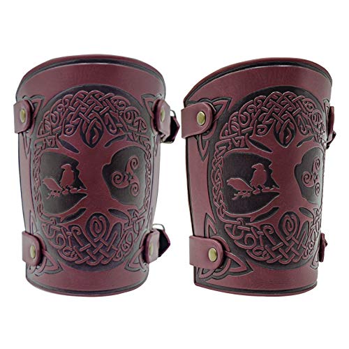 HiiFeuer Viking Yggdrasil World Tree Embossed PU Leather Arm Bracers, Medieval Buckle Arm Guards for LARP Halloween (Burgund) von HiiFeuer