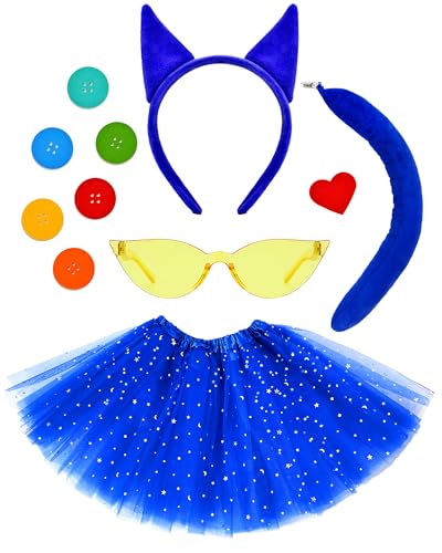 Blaues Katzenkostüm für Mädchen, Katzen-Stirnband, blaue Katzenohren und Schwanz, Buchfigur-Kostüme, Zubehör-Set für Halloween, Tiere, Party, Verkleidung, Blau, Größe M von Hikkcos