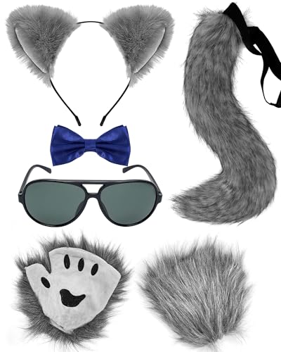 Hikkcos Helloween Wolfskostüm Gey Wolf Ohren und Schwanz Fuchs Kostüm, Wolf Handschuhe Zubehör für Tiere Party Supplies für Mädchen Damen Herren von Hikkcos