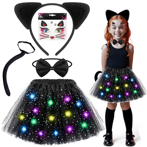 Schwarzes Katzenkostüm für Mädchen, Katzen-Noir-Kostüm, LED, schwarzer Tutu-Rock, Katzenohren und Schwanz, Halloween-Tierkostüme, Schwarz, Größe M Schwarzes Katzenkostüm für Mädchen, Katzen-Noir-Kostüm, LED, schwarzer Tutu-Rock, Katzenohren und Schwanz, Halloween-Tierkostüme, Schwarz, Größe M von Hikkcos