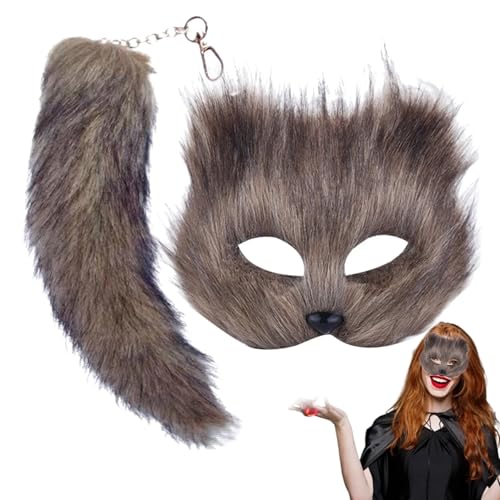 Hilai 2pcs Fuchsmasken-Set, Faux Fox Halloween Maske, Flauschige halbe Gesichtsmaske mit Fuchsschwanz und Schlüsselbund, Grau, Masken für Erwachsene Hilai 2pcs Fuchsmasken-Set, Faux Fox Halloween Maske, Flauschige halbe Gesichtsmaske mit Fuchsschwanz und Schlüsselbund, Grau, Masken für Erwachsene von Hilai