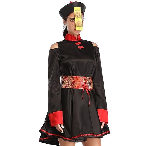 Chinesisches traditionelles Kleid, Halloween Kostüme für Frauen, chinesisches Zombie Kostüm, Stickerei Druck, Qing Dynastie Zombie Kleid mit Hut und Gürtel für Halloween, Cosplay, Party, M von Hilai