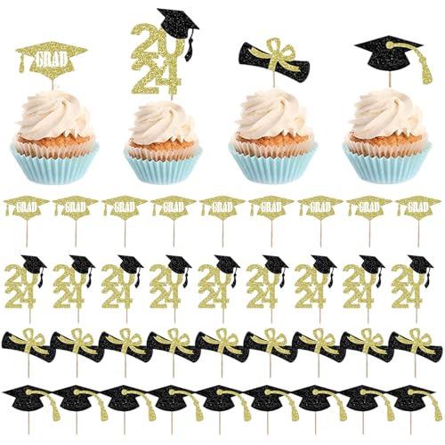 Cupcake Topper, Abschlusskuchen Topper, 40 Stück Paper College Abschlussdekoration, Diplom, 2024, Grad Cap Cupcake Picks, 2024 Abschlussfeierdekorationen für Foto Requisite von Hilai