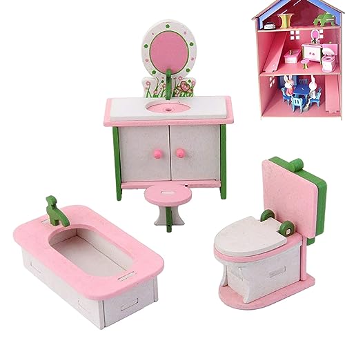 Miniaturmaterial, Miniatur Sachen, Puppenhaus Holz Möbel Set Miniatur Stuhl Kommode Badewanne Toilettenmodell Puppenhaus Accessoires von Hilai