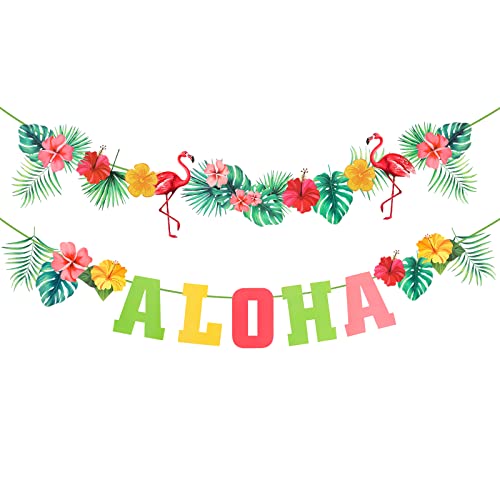 Aloha Banner Flamingo Tropische Partei Liefert Garland Hanging Banner Hawaii Künstliche Palmenblätter Tropical Party Dekoration Kit Sommer Beach Party Dekoration für Luau Garten Dschungel Karneval von Hileyu