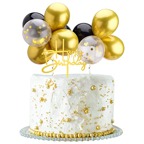 Hileyu 19 Stück Ballon Happy Birthday Cake Topper Dekorationsset,Latex Ballon Wolke Kuchen Topper,Mini Ballon Girlande Kuchen Topper für Hochzeits-Geburtstags-Party Black Gold von Hileyu