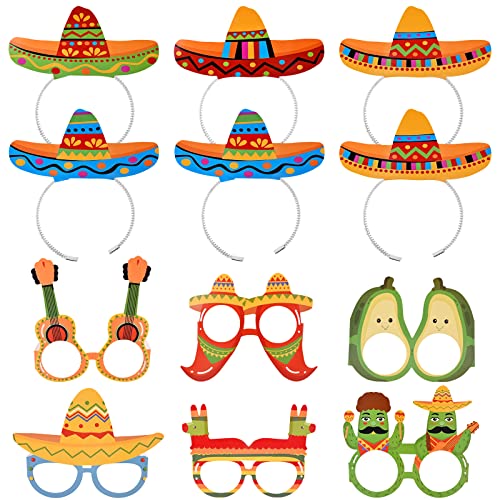 Hileyu 6 Stück Sombrero-Partyhüte und 6 Stück Partybrille Maske, Mexikanisches Stirnband, Partybrillen aus Papier, Mexikanische Fiesta Party Bunte Zubehör für Fotorequisiten von Hileyu