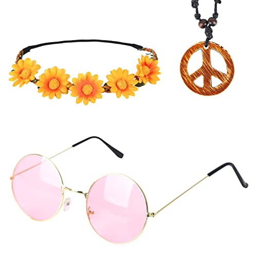 Hippie Kostüm Set 3 Stück Hippie Accessoires Kit Hippie Brille Sonnenblume Krone Haarband Friedenszeichen Halskett 60er 70er 80er Party Verkleiden Hippie Accessoires Kit von Hileyu
