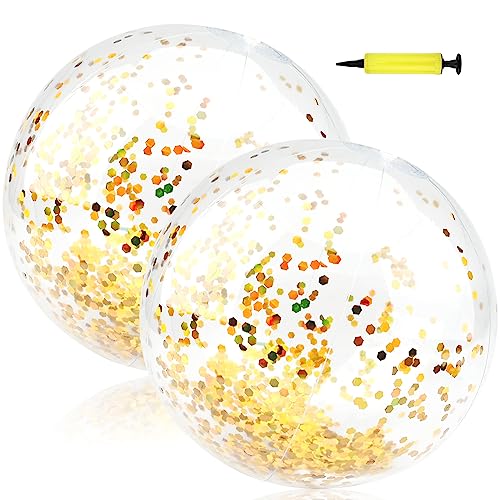 Ø 16 Zoll - Wasserball Glitzer Aufblasbarer Ball Strandball Sommer Schwimmball Spielbälle Pailletten Glitzer Pool Ball Schwimmfähig Wasserspielzeug Für Kinder Erwachsene Transparente Kugeln Gold von Hileyu