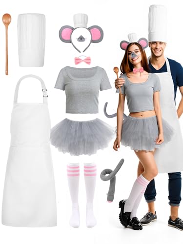 Hillban 10 Stück Halloween Maus Chef Paar Kostüm Zubehör Tutu Rock Chef Hut Schürze für Halloween Cosplay Party, Weiß, Grau, Braun, Rosa, XL von Hillban