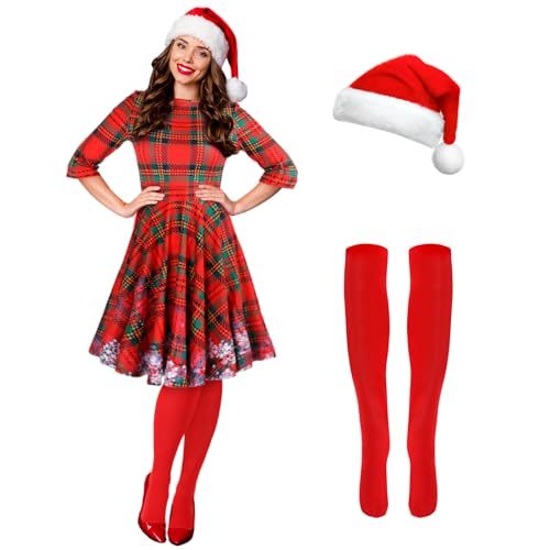 Hillban 3-teiliges Weihnachtselfen-Kostüm-Set für Damen, kurzärmelig, Weihnachtskleid, Oberschenkelhohe Socken, Nikolausmütze, Einfacher Stil, S Hillban 3-teiliges Weihnachtselfen-Kostüm-Set für Damen, kurzärmelig, Weihnachtskleid, Oberschenkelhohe Socken, Nikolausmütze, Einfacher Stil, S von Hillban