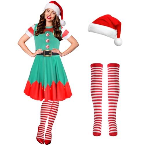 Hillban 3-teiliges Weihnachtselfen-Kostüm-Set für Damen, kurzärmelig, Weihnachtskleid, Oberschenkelhohe Socken, Nikolausmütze, Eleganter Stil, S Hillban 3-teiliges Weihnachtselfen-Kostüm-Set für Damen, kurzärmelig, Weihnachtskleid, Oberschenkelhohe Socken, Nikolausmütze, Eleganter Stil, S von Hillban