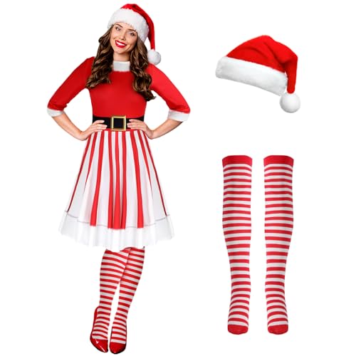 Hillban 3-teiliges Weihnachtselfen-Kostüm-Set für Damen, kurzärmelig, Weihnachtskleid, Oberschenkelhohe Socken, Nikolausmütze, Lebhafter Stil, S Hillban 3-teiliges Weihnachtselfen-Kostüm-Set für Damen, kurzärmelig, Weihnachtskleid, Oberschenkelhohe Socken, Nikolausmütze, Lebhafter Stil, S von Hillban