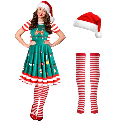 Hillban 3-teiliges Weihnachtselfen-Kostüm-Set für Damen, kurzärmelig, Weihnachtskleid, Oberschenkelhohe Socken, Nikolausmütze, Lichterkette, S Hillban 3-teiliges Weihnachtselfen-Kostüm-Set für Damen, kurzärmelig, Weihnachtskleid, Oberschenkelhohe Socken, Nikolausmütze, Lichterkette, S von Hillban