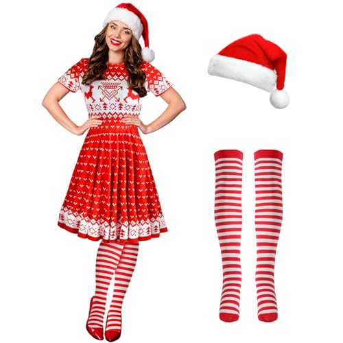 Hillban 3-teiliges Weihnachtselfen-Kostüm-Set für Damen, kurzärmelig, Weihnachtskleid, Oberschenkelhohe Socken, Nikolausmütze, Reh, S Hillban 3-teiliges Weihnachtselfen-Kostüm-Set für Damen, kurzärmelig, Weihnachtskleid, Oberschenkelhohe Socken, Nikolausmütze, Reh, S von Hillban