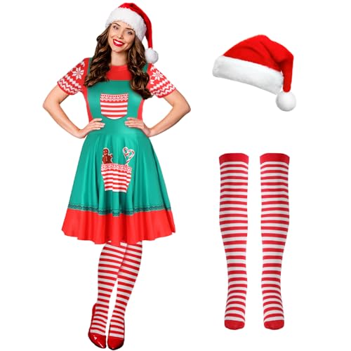 Hillban 3-teiliges Weihnachtselfen-Kostüm-Set für Damen, kurzärmelig, Weihnachtskleid, Oberschenkelhohe Socken, Nikolausmütze, Schürze, S Hillban 3-teiliges Weihnachtselfen-Kostüm-Set für Damen, kurzärmelig, Weihnachtskleid, Oberschenkelhohe Socken, Nikolausmütze, Schürze, S von Hillban