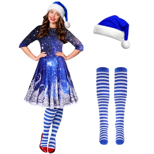 Hillban 3-teiliges Weihnachtselfen-Kostüm-Set für Damen, kurzärmelig, Weihnachtskleid, Oberschenkelhohe Socken, Nikolausmütze, Sternenhimmel, S Hillban 3-teiliges Weihnachtselfen-Kostüm-Set für Damen, kurzärmelig, Weihnachtskleid, Oberschenkelhohe Socken, Nikolausmütze, Sternenhimmel, S von Hillban