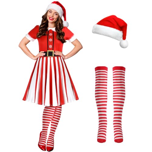 Hillban 3-teiliges Weihnachtselfen-Kostüm-Set für Damen, kurzärmelig, Weihnachtskleid, Oberschenkelhohe Socken, Nikolausmütze, Streifen-Stil, S Hillban 3-teiliges Weihnachtselfen-Kostüm-Set für Damen, kurzärmelig, Weihnachtskleid, Oberschenkelhohe Socken, Nikolausmütze, Streifen-Stil, S von Hillban