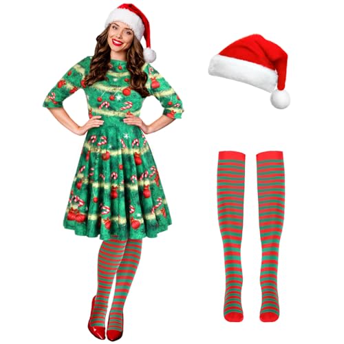 Hillban 3-teiliges Weihnachtselfen-Kostüm-Set für Damen, kurzärmelig, Weihnachtskleid, Oberschenkelhohe Socken, Nikolausmütze, Süßigkeitenbaum, S Hillban 3-teiliges Weihnachtselfen-Kostüm-Set für Damen, kurzärmelig, Weihnachtskleid, Oberschenkelhohe Socken, Nikolausmütze, Süßigkeitenbaum, S von Hillban