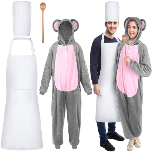 Hillban 4 Stück Paar Maus Koch Kostüm Zubehör Kochmütze Schürze Löffel Ratte Jumpsuits für Halloween Cosplay Party (mittel) von Hillban
