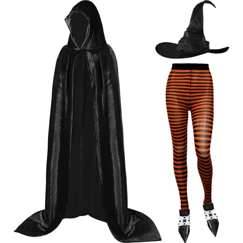 Hillban Halloween-Hexenkostüm für Damen, spitzer Hexenhut, Robe, Lederschuhüberzüge, gestreifte Strumpfhose, 4 Stück, Orange/Abendrot im Zickzackmuster (Sunset Chevron), 57 Inch von Hillban