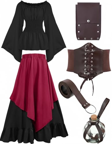 Hillban Mittelalterliches Renaissance-Kleid für Damen, Kostüm, Halloween, Bluse, Oberteil, Rock, Tasche, Korsett, Gürtel, Schwarz, L Hillban Mittelalterliches Renaissance-Kleid für Damen, Kostüm, Halloween, Bluse, Oberteil, Rock, Tasche, Korsett, Gürtel, Schwarz, L von Hillban
