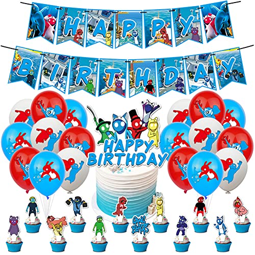 Gang Beasts Geburtstagdeko,Hilloly 32 Stück Gang Beasts Party Deko Partyzubehör Set Party Supplies Ballons Cake Topper Banner für Kinder Geburtstag Dekorationen von Hilloly