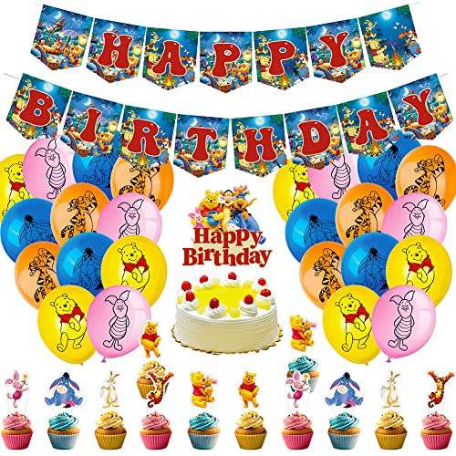 Hilloly Geburtstagsdeko, 38 Pcs Winnie Puuh Party Supplies Set,Happy Birthday Banner,Latex Ballon Geburtstags Deko,Kuchendeckel,Birthday Party Dekorations Supplies für Kinder von Hilloly