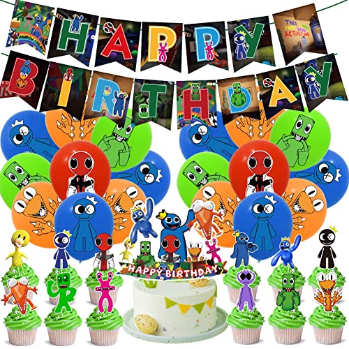 Hilloly Rainbow Friends Partybedarf, 41 PCS Rainbow Friends Thema Birthday Dekoration Happy Birthday Banner Cake Topper Suitable for Kindergeburtstag Rainbow Friends Thema Dekoration von Hilloly