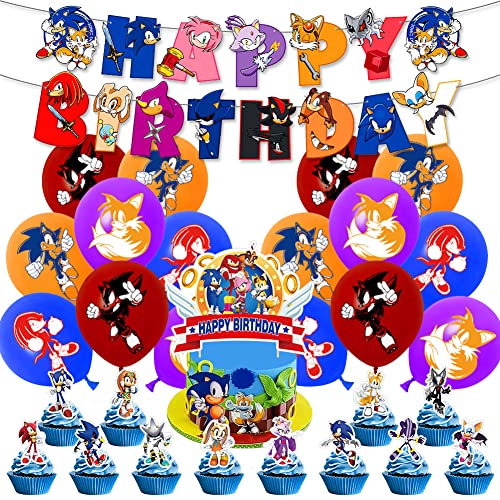 Hilloly Sonic Partybedarf, 30 PCS Sonic Thema Birthday Dekoration Happy Birthday Banner Latex Ballon Cake Topper Suitable for Kindergeburtstag Sonic Thema Dekoration von Hilloly