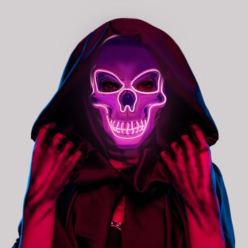 Hillylolly Halloween Led Maske, horror Leuchtende Purge, gruselige Schädel Maske mit 3 Leuchtmodi, Skelett Led für Herren & Damen, Cosplay Kostüm Dekoration für Halloween, Karneval (Rosa) von Hillylolly