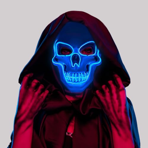 Hillylolly Halloween Led Maske horror Leuchtende Purge Maske, gruselige Schädel Maske mit 3 Leuchtmodi, Skelett Maske Led für Herren & Damen, Cosplay Kostüm Dekoration für Halloween, Karneval (Blau) von Hillylolly