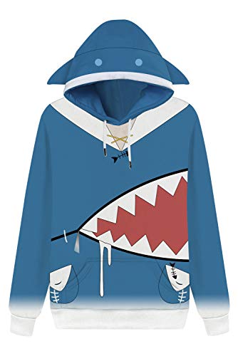 CosplayCos VTuber Gawr Gura Hoodie Cosplay Pullover Hai Hut Sweatshirt Reißverschluss Halloween Kostüm Unisex Erwachsene, Hoodie, Medium von Hinevey