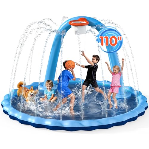 Hipsignal 2-in-1 Splash Pad für Kinder & Hunde, 110 Zoll Outdoor Wassersprinkler mit Basketballkorbbogen - Große, verdickte Poolmatte Spielzeug für Hinterhof, Pool & Garten Sommerspaß von Hipsignal