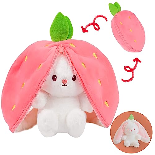 Hirsrian Gefülltes Kaninchen Mit Erdbeeren - Weiches Kuscheltier Hase Transformierbarer Kaninchen Spielzeug, Geschenkidee für das Osternest(Erdbeerhase) von Hirsrian