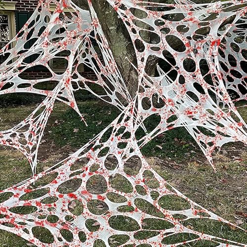 Hiseng Halloween Deko Spinnennetz Groß Blut Halloween Elastisches Spinnweben mit 50cm Künstlichen Spinnen Spinnennetz Dekoration für Spukhaus Horror Party Tisch Outdoor Garten (Red,200x800cm) von Hiseng