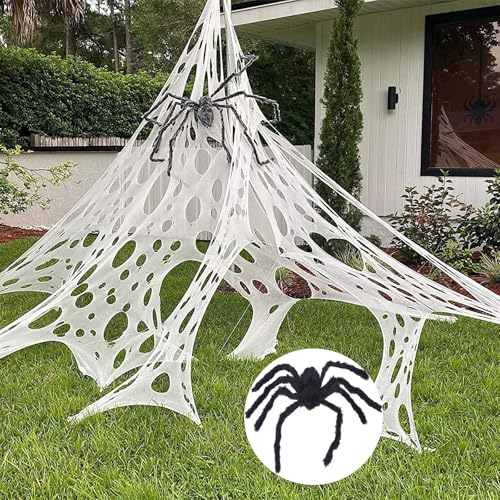 Hiseng Halloween Deko Spinnennetz Groß Halloween Elastisches Spinnweben mit 50cm Künstlichen Spinnen Spinnennetz Dekoration für Spukhaus Horror Party Tisch Outdoor Garten (White,100x410cm) von Hiseng