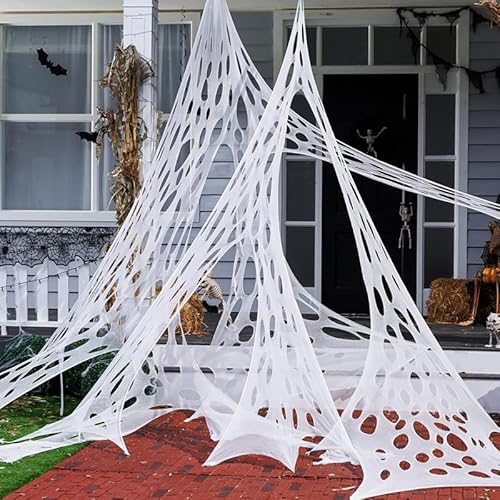 Hiseng Halloween Deko Spinnennetz Groß Halloween Elastisches Spinnweben mit 50cm Künstlichen Spinnen Weiß Spinnennetz Dekoration für Spukhaus Horror Party Tisch Outdoor Garten (White,200x1000cm) von Hiseng