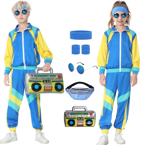 Hislovy 80er Jahre Kostüm Kinder,90er Jahre Outfit Trainingsanzug Jungen Mädchen Halloween Karneval, Blau, 104/110 Hislovy 80er Jahre Kostüm Kinder,90er Jahre Outfit Trainingsanzug Jungen Mädchen Halloween Karneval, Blau, 104/110 von Hislovy