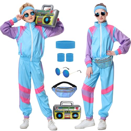 Hislovy 80er Jahre Kostüm Kinder,90er Jahre Outfit Trainingsanzug Jungen Mädchen Halloween Karneval, Hellblau, 116 Hislovy 80er Jahre Kostüm Kinder,90er Jahre Outfit Trainingsanzug Jungen Mädchen Halloween Karneval, Hellblau, 116 von Hislovy
