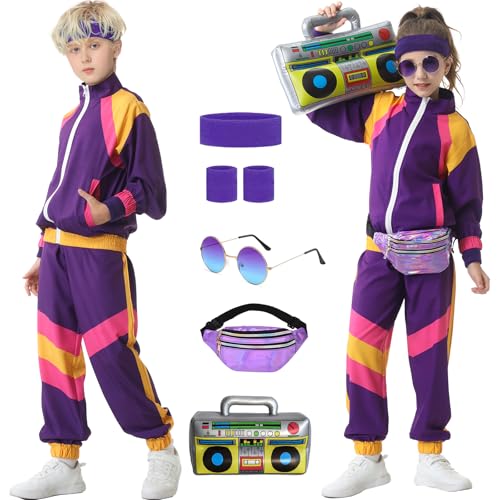Hislovy 80er Jahre Kostüm Kinder,90er Jahre Outfit Trainingsanzug Jungen Mädchen Halloween Karneval, Violett, 116 von Hislovy