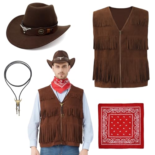 Hislovy Cowboy Kostüm Herren, Western Cowboy Outfit mit Hut Bandana Halskette für Wild West Hippie Party,Braun,2XL Hislovy Cowboy Kostüm Herren, Western Cowboy Outfit mit Hut Bandana Halskette für Wild West Hippie Party,Braun,2XL von Hislovy